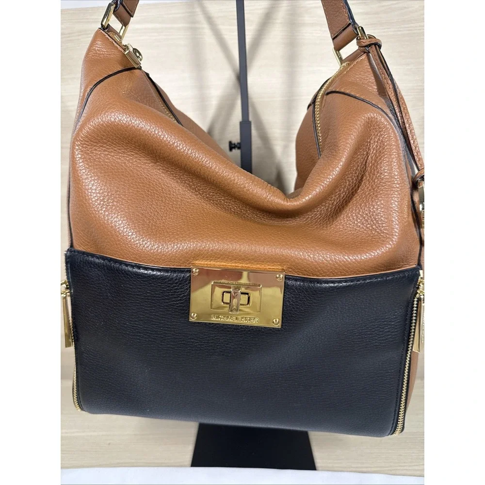 Michael Kors Addie Large Logo Hobo Shoulder Bag Two Tone Black & Brown‎